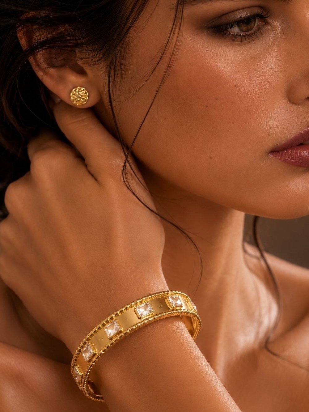 Gold Tone Crystal-Inset Bangle Bracelet
